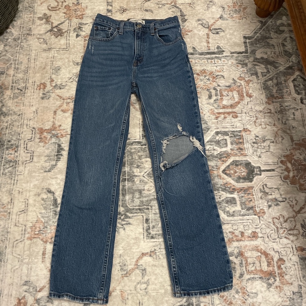 Abercrombie & Fitch Blue Straight Leg Jeans with Distressed Details